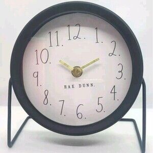 Rae Dunn Font 6" Standing Clock Desk Table Black Metal Round Farmhouse Standing
